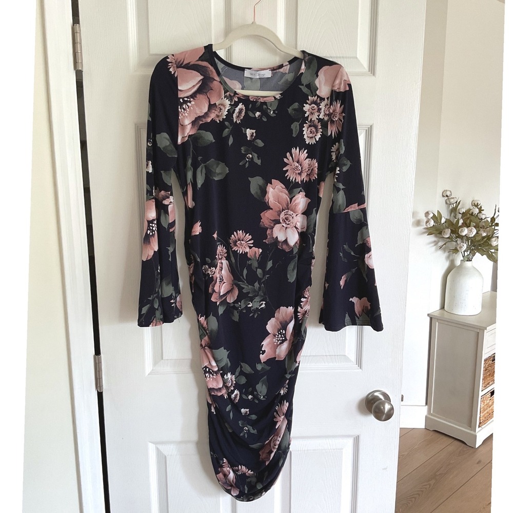 My Bump Maternity Floral Ruched Bodycon Bell Sleeve Dress Navy Pink Large NWT